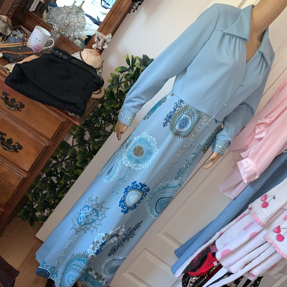 Alfred Shaheen vintage 70s blue maxi dress L - Picture 3 of 13